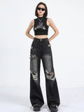 Fongt Street Black Ripped Jeans Women's New Summer Popular Logo Straight Tube Loose And Versatile Drag Wide Leg Pants-Outfit
