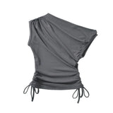 Early Spring New Street Wind Slant Collar Rope Slimming To Show A Thin Solid Color Blouse-Outfit