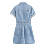 Fongt Denim Skirt 2025 Spring And Summer Roll Sleeves V-Neck Single Buckle High Waist Repair A-Word Mini Dress Woman