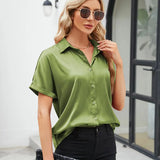 Satin Shirt Short-Sleeved Satin Button Shirt Casual Blouse Women's Stock-Outfit
