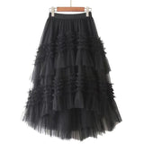 Winter Sweet Cake Layered Long Mesh Skirts Princess High Waist Ruffled Vintage Tiered Tulle Pleated ins