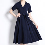 Fongt Fine-Cooked High-End Collar Short-Sleeved Long Dress Temperament Strap Solid Color To Close The Waist Sister Thin Women's Clothing