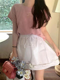 Round Neck Bow Print Short Sleeved Knitted Top-Outfit