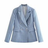 Women Blue Plaid Print Blazer Coat Vintage Double Breasted Long Sleeve Female Outerwear Chic Tops