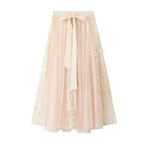 Fongt Spring Dress New Bow Tie With High-Waisted Lace Embroidery Splicing Mesh Dress Skirt 8825