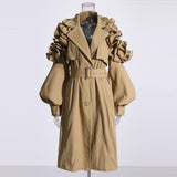 Fongt Sister Wind 2024 Autumn New Advanced Sense Fold Splicing Bubble Sleeve Closed Waist Long Solid Color Coat Windbreaker-Outfit
