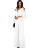 Spring Summer Women Jumpsuit Sexy Hollow Off Shoulder Romper V Neck Half Sleeve Solid High Waisted Belt Wide Leg