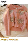Knit Cardigan Jacket Autumn Winter New Fashion Loose Sweater Sequins Beaded Fake Mink Fleece Chic