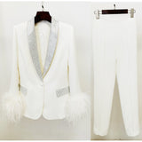 Fongt New Luxury Ostrich Feathers Hot Green Fruit Collar Blazer Trousers Suit Suit Suit