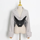 Patchwork Lace Up Bowknot Jacket For Women Lapel Long Sleeve Short Tops Female Fashion New Clothing 2020