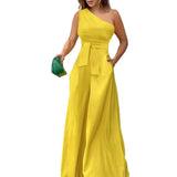 Fongt Women's 2023 Summer Diagonal Collar Irregular Off-Shoulder High-Waist Bag Wide Leg Pants Casual