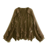 Fongt 2025 Women's New Fashion Butterfly Tacked With Overlays Decoration French Lantern Sleeve Long Sleeve Shirts