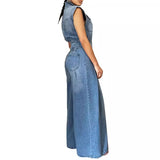 Fongt Women's New Casual Wash Sleeveless Jeans Joined Wide-Leg Pants-Outfit