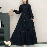 Fongt Style Dress Summer Dress Women's Heavy Industry Hollow Lace Splicing Long French Lantern Sleeve Dress