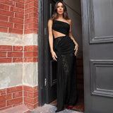 Sheer Draped One Shoulder Cut Out Maxi Dress-Outfit