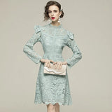 New Spring Luxury Women Stand Collar Ruffle Lace Dresses Sexy Hollow Out Long Sleeve Vintage Vestido Da