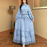 Fongt Retro Elegant Lace Splicing Strap To The Waist Lantern Sleeve Dress Female Thin Temperament Court Style Dress