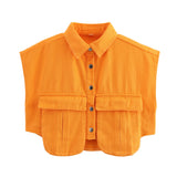 Fongt Color Women's Clothing 2025 Spring Solid Color Big Pocket Sleeveless Polo Collared Denim Shirt Blouse