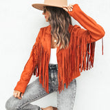 Fashion Tassel Cardigan Women Y2k Fringed Hem Crop Tops Motor Biker Jacket Suede Leather Jacket Vintage Coat