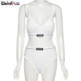 Puss Ribbed Letter Print Cotton 2 Piece Set Beach Style Bra Padded Top+Thong Matching High Quality Casual Vacation