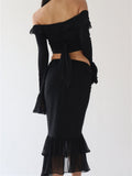 Women Y2K Ruffles 2 Pieces Skirts Sets Off Shoulder Sheer Mesh Shirts Tops Irregular Hem Split Skirts Streetwear 2023-Outfit