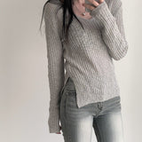 Solid Color V-Neck Elastic Knitted Tee-Outfit