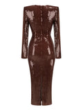 Brown Sequin Deep V-Neck Long Sleeve Evening Midi Dress-Outfit