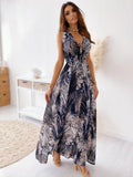 Fongt Women's Dress 2025 Dress Summer Floral Bare Back Sleeveless Dress V-Neck Temperament Elegant