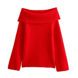 Fongt Women's New Autumn And Winter Temperament Long-Sleeved Shoulder Simple Sweater Knitted Jersey