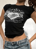 Vintage Heart Print Short Sleeves Tee-Outfit