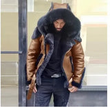 Fongt Men's Imitation Leather Plus Thick Fur One Short Zipper Coat Hooded Men's