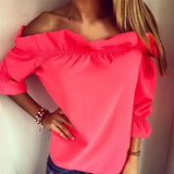2017 New Women Blouse Puff Sleeve Slash Neck Soild Shirt Strapless Off Shoulder Ruffles Feminine Blouses Ladies