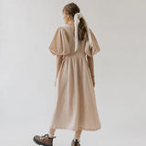 Fongt Women's Summer New V-Neck Short-Sleeve Tie Dress French Commuter Solid Color Dress-Outfit