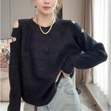 And Winter Korean Version Lazy Wind Hole Exposed Shoulder Pullover Female Design Sense Long-Sleeved Sweater Women's Minority Top Trend-Outfit