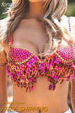 Sequins Women Set Sexy Deep V Neck Backless Bra Crop Tops With Color Multilayered Tassel Mini Skirt Party