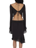 Mesh Ruffles Long Sleeve Tie Up Crop Top And Wrap Skirt Set-Outfit