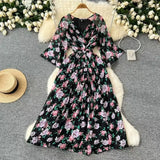 Fongt Retro Floral And Snow-Crushed Dress Woman Autumn Strapd To The Waist V Collar Horn Sleeve Temperament Over The Folded Skirt