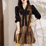 Korean V-Neck Bow Midi Dress Female Clothing Casual Patchwork Spring Autumn Elegant Loose Commute Long Sleeve Dresses-Outfit