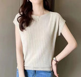 Fongt Silk Knitted Women Loose 2023 Summer New Gray Top Collar Thin Short-Sleeved T-Shirt