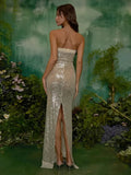 Sequin Strapless Sheer Maxi Dress-Outfit