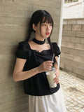 New Drawstring Bow Shirts & Blouses Square Collar Blusas Short Sleeve Camisas Loose Hem Ropa Mujer Summer Halter Tops-Outfit