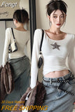 Y2K American Retro Star T Shirts Women Harajuku Grunge Slim Basic Crop Tops Vintage Casual Long Sleeve Tees