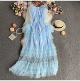 Fongt High-End Feel Leaf Edge Mesh Cake Dress Women's Waist Thin Temperament A Word Shoulder Super Fairy Long Skirt