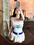Summer Print Lace Strap Tank Top New Korean Chic Y2K Top Out Wear Slim Fit Spicy Girl Short Camisole Female Crop Tops-Outfit