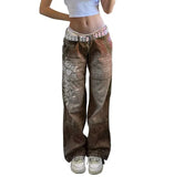 Street Style Irregular Print Slacks Low Waist Pleated Washed For Old Multi-Color Jeans-Outfit