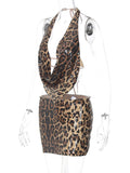 Leopard Print Sequin Backless Halter Top and Mini Skirt Two Piece Set-Outfit