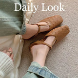 Spring 2024 T-Strap Leather Woven French Wrap Sandals Flat Night Wind With Skirt Half Drag-Outfit