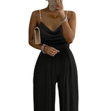Fongt New Pearl Slings Wide Legs Sleeveless V-Neck-Clenable Trousers