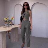Fongt Summer New Solid Color Round Collar Button Top Temperament Straight Pants Suit Women-Outfit