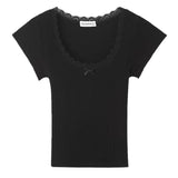 Lace Trim Square Neck Bow Short Sleeve Tee-Outfit